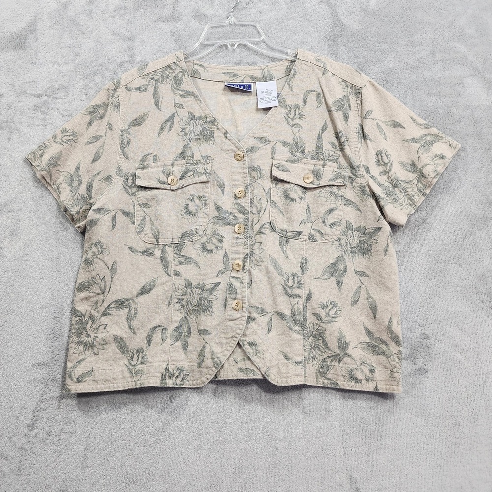 Vintage Erika & Co. Shirt Womens L Beige Floral Linen Cotton Short Sleeve Casual